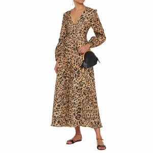 Zimmermann Veneto Plunge Leopard Linen Dress Size 2 Animal Print